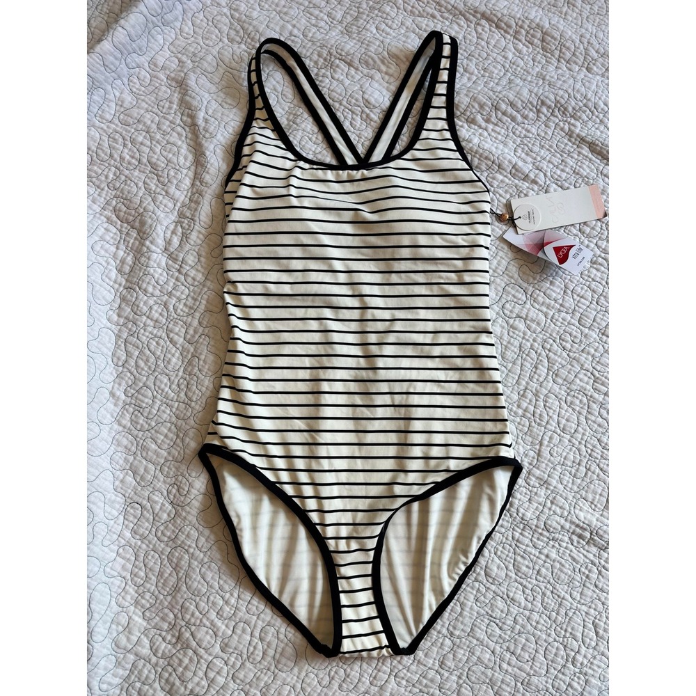 Calia Tipped Simple One Piece Swimsuit‎ Coastal Stripe Ivory Long Torso 4